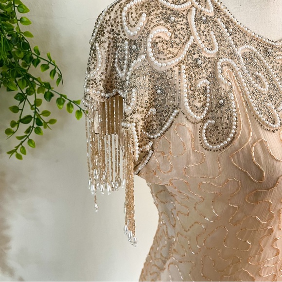 Vintage Lew Magram Peach Silk Beaded Cocktail Dress Medium - Picture 9 of 11